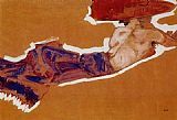Nude Canvas Paintings - Reclining Semi Nude with Red Hat Gertrude Schiele